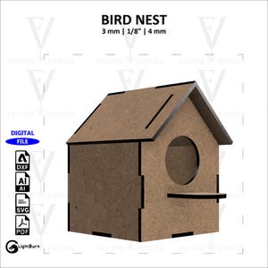 Pode incluir: Uma casa de pássaros de madeira marrom com uma abertura redonda e uma pequena plataforma de pouso. A casa é projetada para ser montada a partir de um kit cortado a laser. O texto "BIRD NEST" é impresso acima da imagem, juntamente com as dimensões "3 mm | 1/8" | 4 mm".