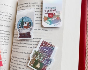 Urlaub magnetische Lesezeichen | Weihnachten Schneekugel | Kamin | Es ist die schönste Zeit des Jahres für Bücher