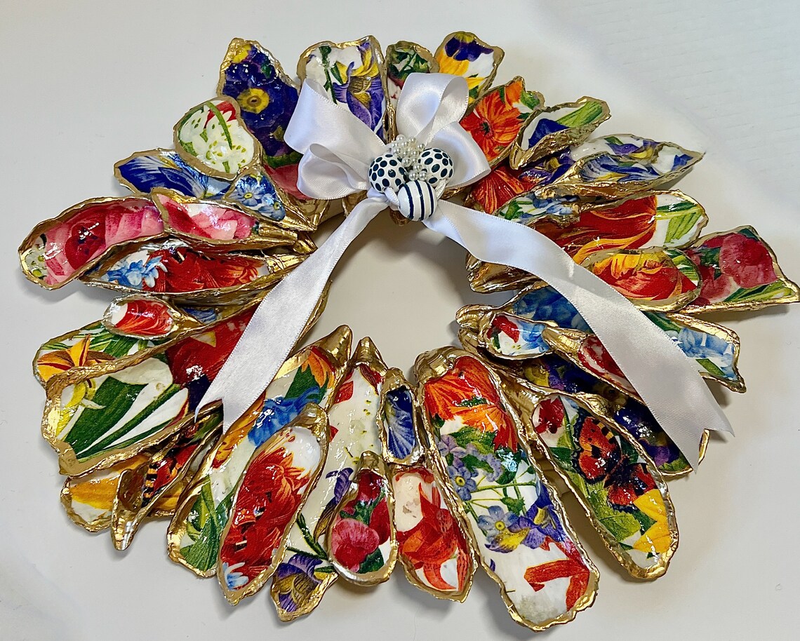 Shell Wreath, Flowers, Housewarming Gift, Ribbons, Floral, Art, Oyster ...