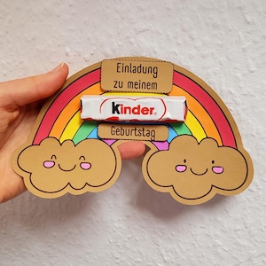 Tarjeta de invitación arcoíris cumpleaños infantil plantilla para imprimir en PDF A4 | Tarjetas de invitación coloridas | Plantilla de manualidad para invitación de cumpleaños con diseño de arcoíris