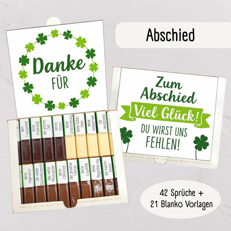 May include: A gift box of assorted mousse chocolates with a green shamrock design. The box includes a card that says "Danke F&uuml;r" and "Zum Abschied Viel Gl&uuml;ck! DU WIRST UNS FEHLEN!" in German. The box contains 42 sayings and 21 blank templates.