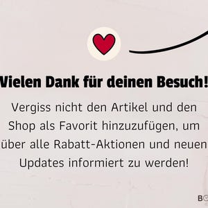 May include: A pink and white background with a black arrow pointing upwards. A red heart icon is at the top of the arrow. The text "Vielen Dank f&uuml;r deinen Besuch!" is in black text. The text "Vergiss nicht den Artikel und den Shop als Favorit hinzuzuf&uuml;gen, um &uuml;ber alle Rabatt-Aktionen und neuen Updates informiert zu werden!" is in black text. The text "BOHAPPY" is in black text with a smiley face.