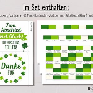 May include: A set of green and white printed cards with German text. One card says "Zum Abschied Viel Gl&uuml;ck!" and "Danke F&Uuml;R". The other cards have green and white rectangular designs with German text. The brand name "BOHAPPY" is visible.