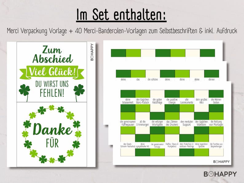 May include: A set of green and white printed cards with German text. One card says "Zum Abschied Viel Gl&uuml;ck!" and "Danke F&Uuml;R". The other cards have green and white rectangular designs with German text. The brand name "BOHAPPY" is visible.