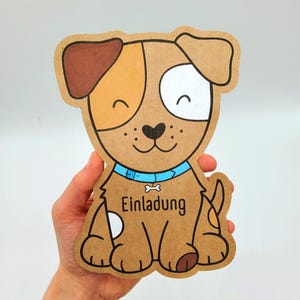 Tarjeta de invitación de perro para cumpleaños infantil, plantilla para imprimir en PDF A4 | Plantilla de manualidades para tarjetas de invitación | Invitación de cumpleaños creativa y sencilla para niños.