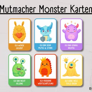 Könnte beinhalten: Sechs farbenfrohe Karten mit Cartoon-Monster-Illustrationen. Jede Karte hat ein anderes Monsterdesign und einen deutschen Satz. Die Karten sind rechteckig mit abgerundeten Ecken und vor weißem Hintergrund.