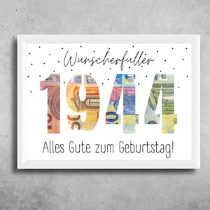 PDF - Tarjeta de regalo de cumpleaños para hombre y mujer en efectivo por 80.º cumpleaños. Idea de regalo creativa y original para abuelas y abuelos que cumplen 80 años. Felicitaciones de 1944.
