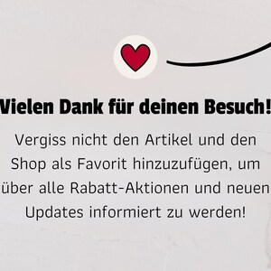 May include: Image with text in German: "Vielen Dank f&uuml;r deinen Besuch!" (Thank you for your visit!). It also says to favorite the item and shop to stay updated on sales and new updates. A red heart is in a white circle.