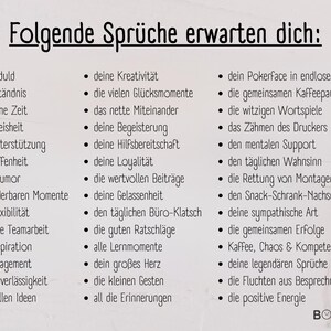 May include: A white background with a list of bullet points in black text. The title "Folgende Spr&uuml;che erwarten dich:" is at the top. The text lists positive attributes and experiences, such as patience, creativity, and good times.