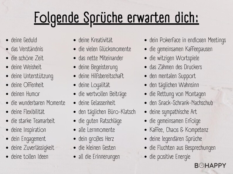 May include: A white background with a list of bullet points in black text. The title "Folgende Spr&uuml;che erwarten dich:" is at the top. The text lists positive attributes and experiences, such as patience, creativity, and good times.
