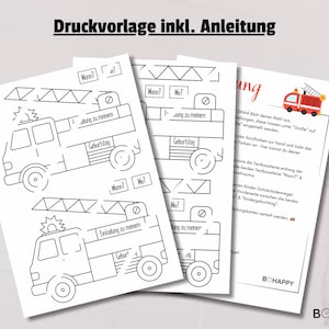 May include: Black and white printable fire truck design with a ladder and the words "Warn?" and "Wo?" on the side. The design is for a birthday party invitation or a party favor.