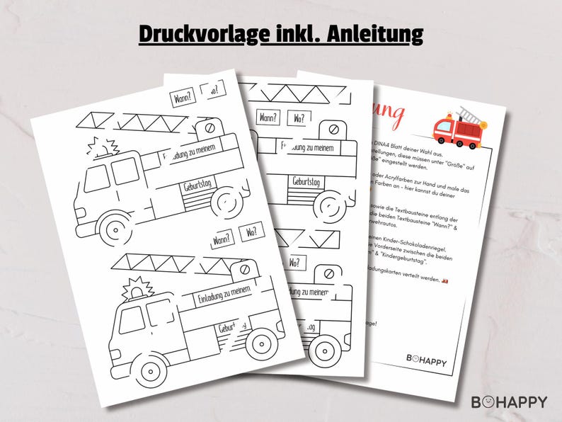 May include: Black and white printable fire truck design with a ladder and the words "Warn?" and "Wo?" on the side. The design is for a birthday party invitation or a party favor.