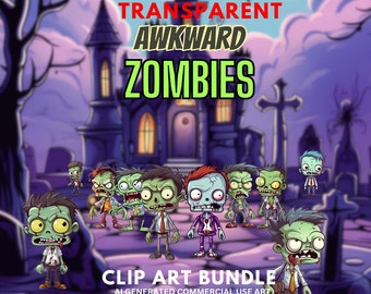 May include: A digital clip art bundle of 20 cartoon zombies in various poses. The zombies are green, have large eyes, and are wearing different outfits. The text "20 TRANSPARENT AWKWARD ZOMBIES CLIP ART BUNDLE AI GENERATED COMMERCIAL USE ART" is at the top of the image.