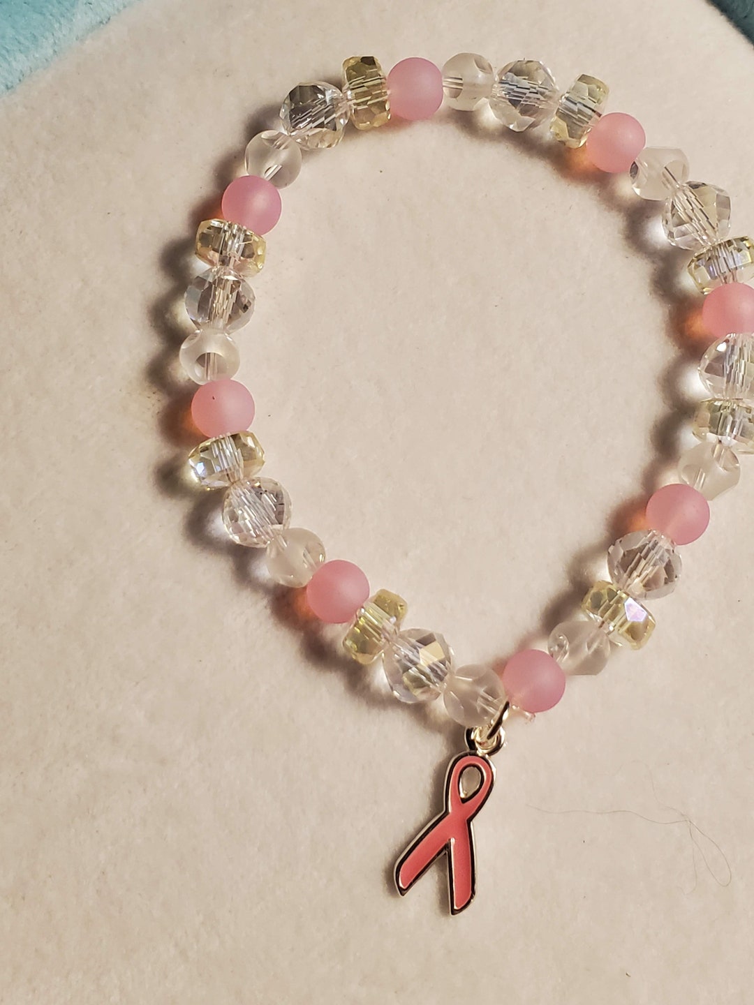 Breast Cancer Awareness Bracelet, Pink Frosted and Faceted Glass Beads
