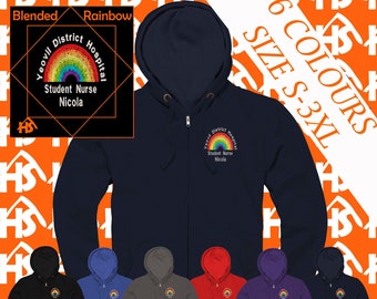 NHS Rainbow Zipped Hooded sweatshirt for Nurses -Personalised with Embroidery-NHS Rainbow Hoodie waffle hood 280GSM Blended rainbow design C