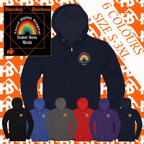 NHS Rainbow Zipped Hooded sweatshirt for Nurses -Personalised with Embroidery-NHS Rainbow Hoodie waffle hood 280GSM Blended rainbow design C