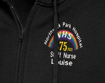 NHS 75 - Rainbow Zipped Hooded sweatshirt for NHS workers -Personalised with white Embroidery, Zipped NHS 75 years Rainbow Hoodie