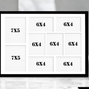 May include: Black picture frame with white matting and eight openings for photos. The openings are labeled with the dimensions 7x5 and 6x4 inches.