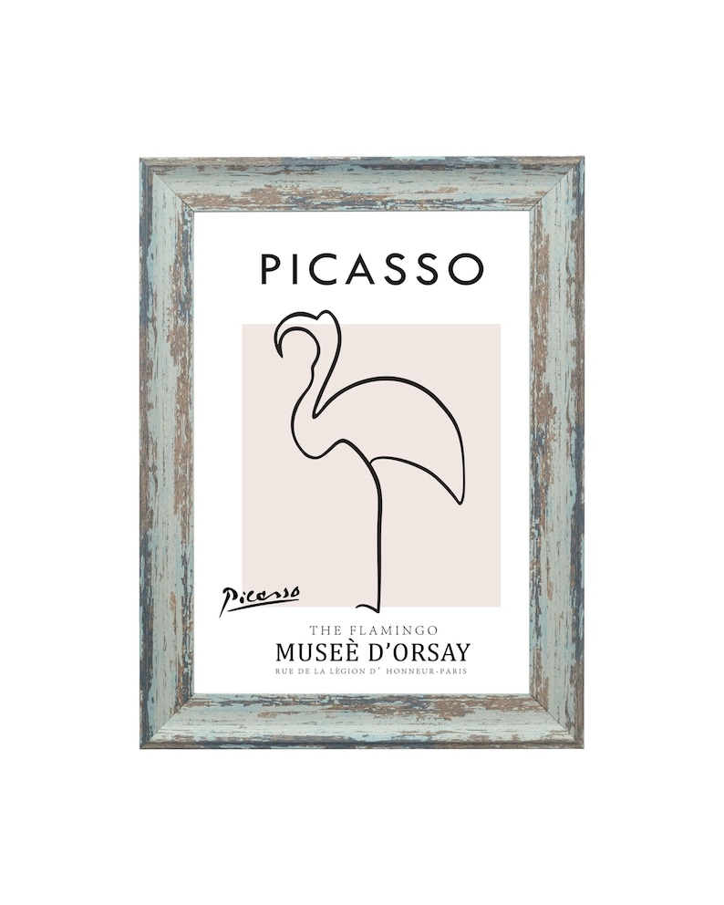 May include: A framed print of a black and white line drawing of a flamingo by Pablo Picasso. The print is titled "The Flamingo" and is from the Mus&eacute;e d'Orsay in Paris.