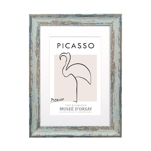 May include: A framed print of a black and white line drawing of a flamingo. The print is titled "The Flamingo" and is from the Musee d'Orsay in Paris. The frame is a light blue colour with a distressed finish.