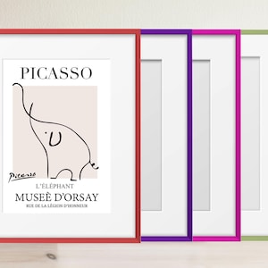 May include: Four picture frames with different coloured borders. The frame on the left has a red border and features a black and white line drawing of an elephant with the text "PICASSO L'ÉLÉPHANT MUSÉE D'ORSAY RUE DE LA LÉGION D'HONNEUR" underneath.