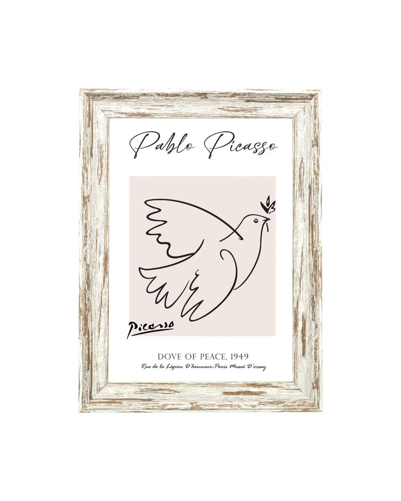 May include: A framed print of a black and white line drawing of a dove with an olive branch in its beak. The print is titled "Dove of Peace, 1949" and is signed "Picasso".