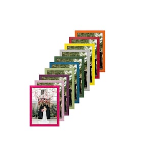 May include: A set of 10 picture frames in various colors, including red, orange, yellow, green, blue, purple, pink, and gray. The frames are arranged in a staggered pattern, with the largest frame at the top and the smallest frame at the bottom. The frames are all empty, but they are all the same size and shape. The frames are made of wood and have a simple, modern design.