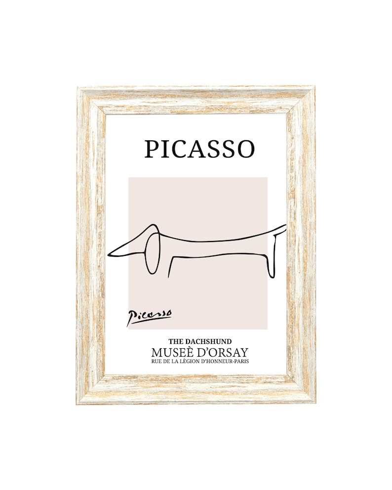 May include: A framed print of a black and white line drawing of a dachshund by Pablo Picasso. The print is titled "The Dachshund Mus&eacute;e d'Orsay" and includes the museum's address: Rue de la L&eacute;gion d'Honneur-Paris.