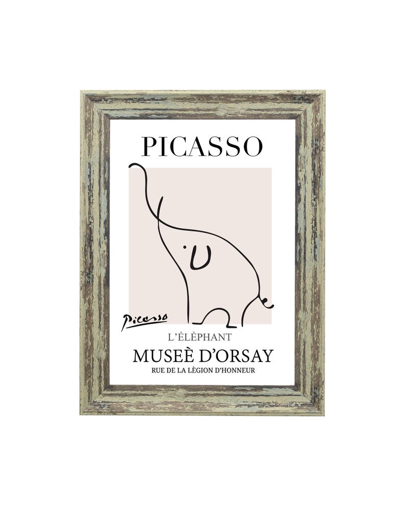 May include: A framed print of a black and white line drawing of an elephant by Pablo Picasso. The print is titled "L'&eacute;l&eacute;phant" and includes the text "Mus&eacute;e d'Orsay" and "Rue de la L&eacute;gion d'Honneur".