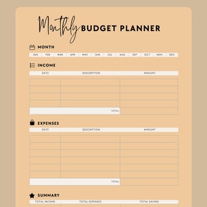 May include: A beige printable budget planner with a monthly calendar, income and expense sections, and a summary section for total income, expenses, and savings. The planner also includes a notes section.