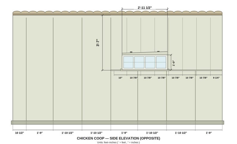 May include: A technical architectural drawing of a chicken coop side elevation. The light green wall features a rectangular window with four panes, detailed with various imperial measurements in feet and inches, including a width of 2'-11 1/2".