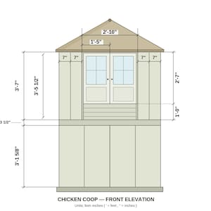 May include: A technical front elevation drawing of a chicken coop with a tan roof and light green walls. The structure features a pair of double doors with window panes and various labeled dimensions in feet and inches, including 2'-10", 3'-7", and 3'-1 5/8".