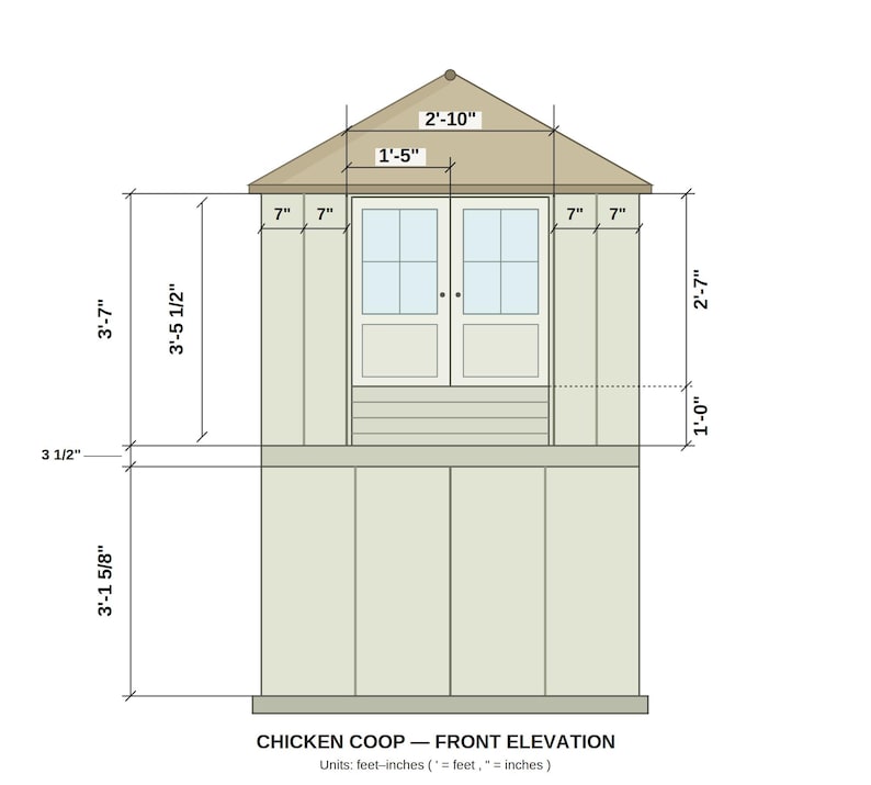 May include: A technical front elevation drawing of a chicken coop with a tan roof and light green walls. The structure features a pair of double doors with window panes and various labeled dimensions in feet and inches, including 2'-10", 3'-7", and 3'-1 5/8".