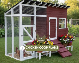 Walk In Chicken Coop Plans with Run, 6-8 Hens, Large Printable Nesting Box Design PDF