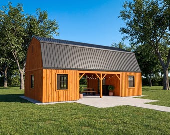 DIY Gambrel Barn Pavilion Plans: 20x36 Open Breezeway, 2 Rooms, Metal Roof, PDF