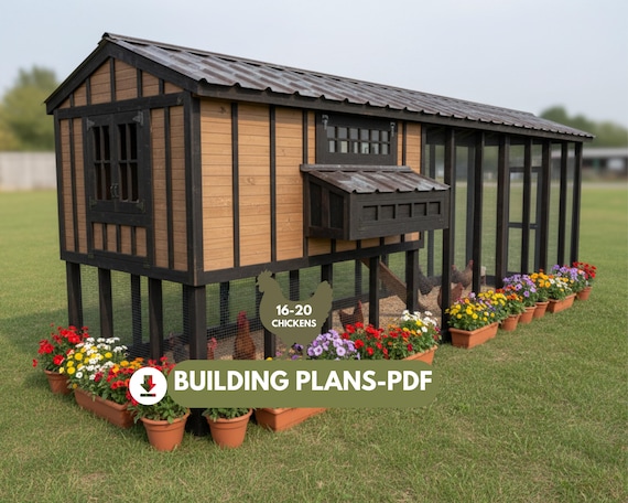 Walk-In Chicken Coop Plans: 16-20 Chickens - Secure run enclosure, DIY woodworking PDF blueprints.
