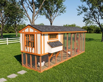 May include: A rectangular chicken coop featuring white walls with orange wooden trim, a dark gray shingled roof, and a wire mesh enclosure. The structure includes a raised nesting box with a shingled lid, a window, and a door, housing white chickens.