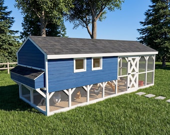 May include: A blue chicken coop with white trim and a dark gray shingled roof. The structure features a raised enclosed nesting area with two square windows, a wire mesh run, and a wooden door with an X-shaped frame design.