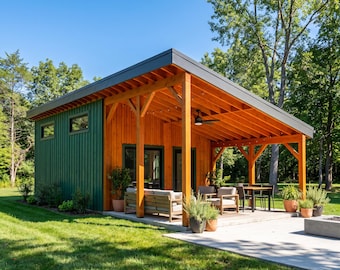 DIY Skillion Barn Pavilion Plans: 16x36 Modern Shed Roof Studio, Covered Porch, PDF