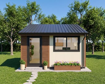 DIY 12x16 Office Shed Plans: Cedar Slat Entry, Modern Green Studio, Lean To Roof