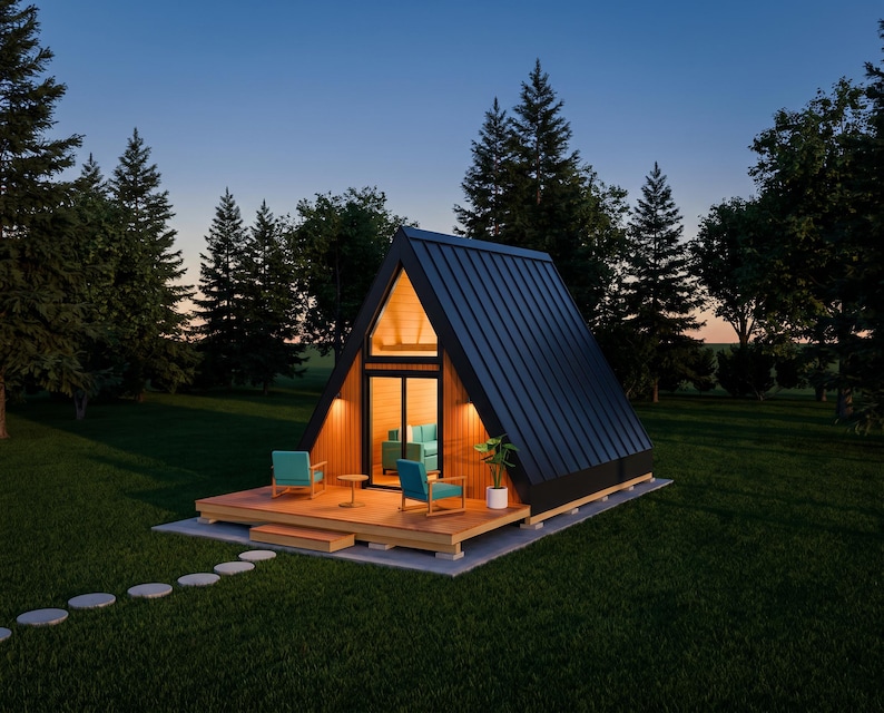 A Frame Cabin Plans: 16x20 Tiny House With Deck, Glass Gable, 320 Sq Ft ...
