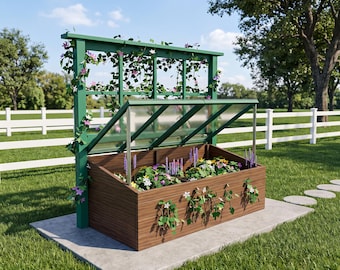 Cold Frame Raised Garden Bed Plans: 6x3 Cedar Box, Climbing Trellis, Hinged Lids