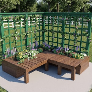 May include: An L-shaped wooden planter box with an integrated green lattice trellis. The planter contains various colorful flowers and green vines climbing the trellis. A wooden bench seat is attached to the front of the planter boxes.