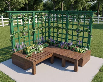 L-Shaped Raised Garden Bed Plans: Corner Planter Bench, Trellis Screens, 7x7 PDF