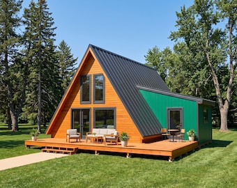 DIY 24x32 A-Frame Cabin Plans with Loft: Kitchen Wing, Wraparound Deck, PDF