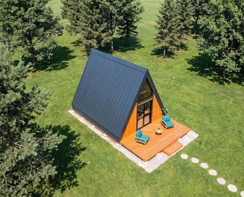 A Frame Cabin Plans: 16x20 Tiny House With Deck, Glass Gable, 320 Sq Ft ...