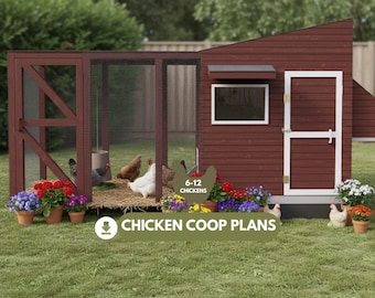 Large Walk In Chicken Coop Plans, 6-12 Hens, Wooden Backyard Hen House, DIY Blueprint PDF
