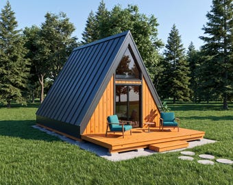 A Frame Cabin Plans: 16x20 Tiny House with Deck, Glass Gable, 320 Sq Ft, PDF