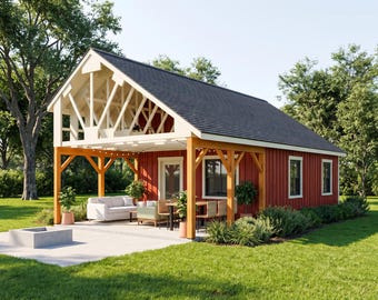 Saltbox Barn Pavilion Plans: 18x34 New England Studio, Covered Porch, DIY PDF