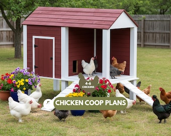 Farmhouse Chicken Coop Plans, 4-6 Hens, Raised Hen House with Ramp, Nesting Box DIY PDF